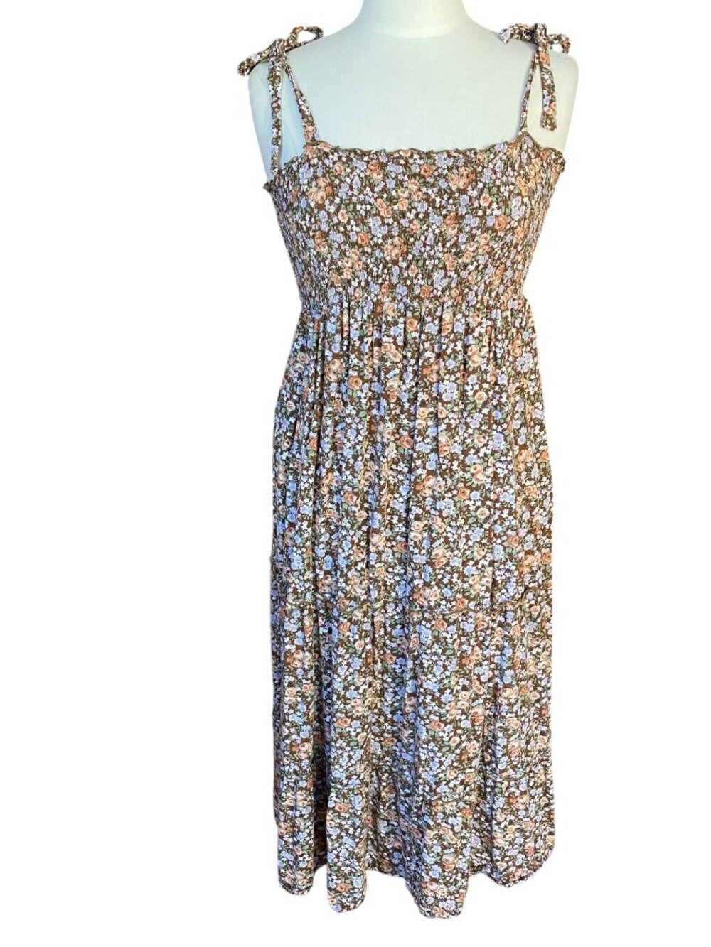 Elloh Floral Smocked Tiered Midi Dress Brown Tie Strap Cottage Boho Sun Dress-M